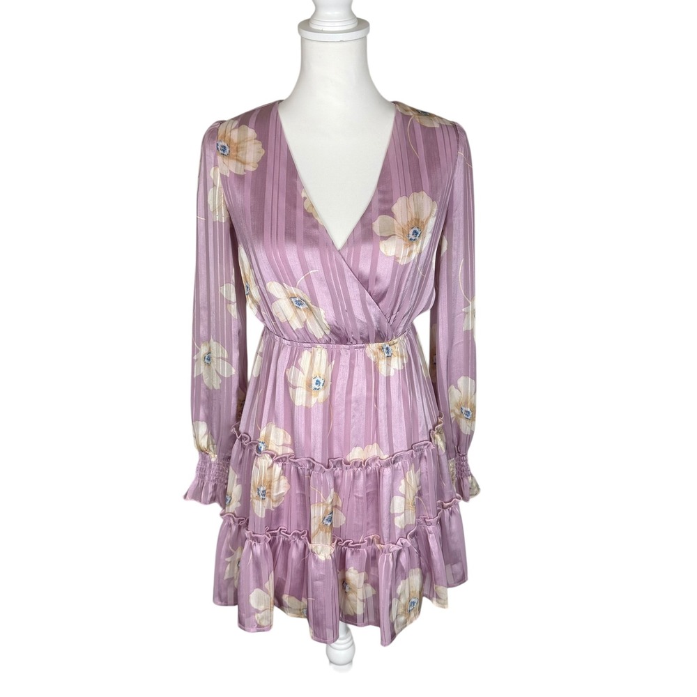 Allison & Kelly Purple Floral Striped Tiered Mini Dress Size XS V-Neck Sheer